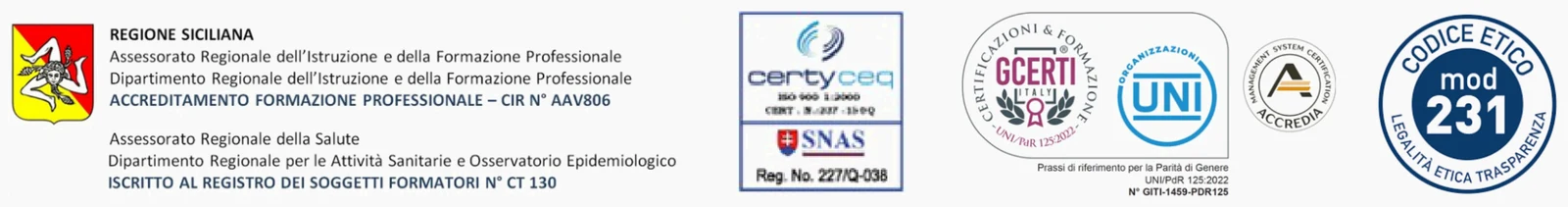 Regione Siciliana: accreditamento formazione professionale CIR N° AAV806 e registro soggetti formatori N° CT 130; ISO 9001:2015 Certyceq; UNI/PdR 125:2022 parità di genere; Modello 231 e Codice etico